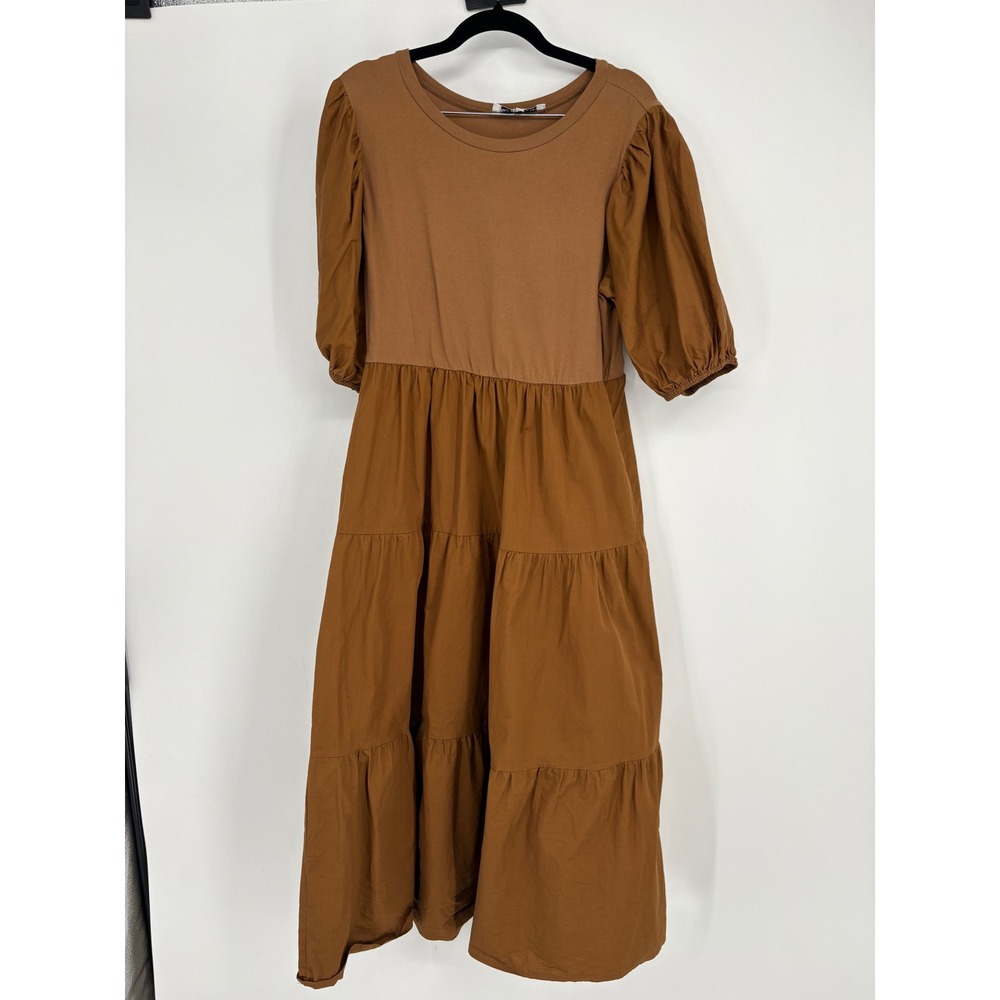 Sofie the Label Dress Womens S Brown Midi Puff Sleeve Tiered Mixed Media